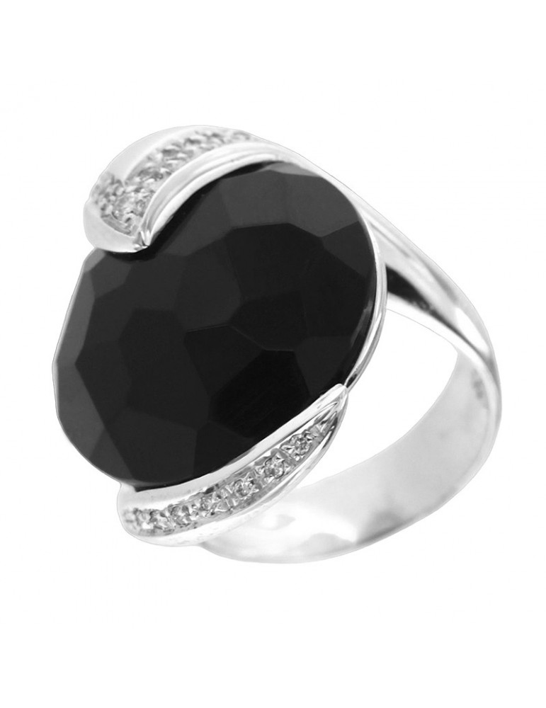 Anello Silvia Kelly - Oro Bianco 18 Carati - Agata Nera - Diamanti  0,12 ct