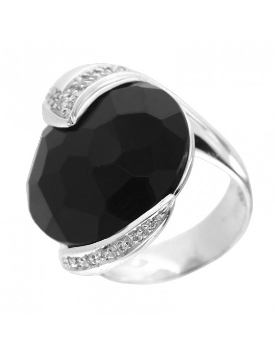 Anello Silvia Kelly - Oro Bianco 18 Carati - Agata Nera - Diamanti  0,12 ct