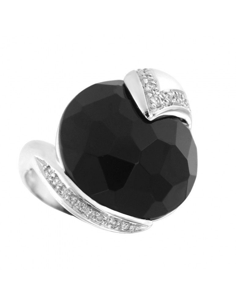 Anello Silvia Kelly - Oro Bianco 18 Carati - Agata Nera - Diamanti  0,12 ct