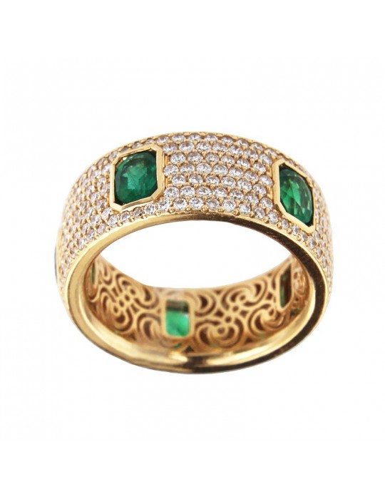 Crivelli Ring - 18k Rose Gold Band with Natural Diamonds and Emeralds - 0