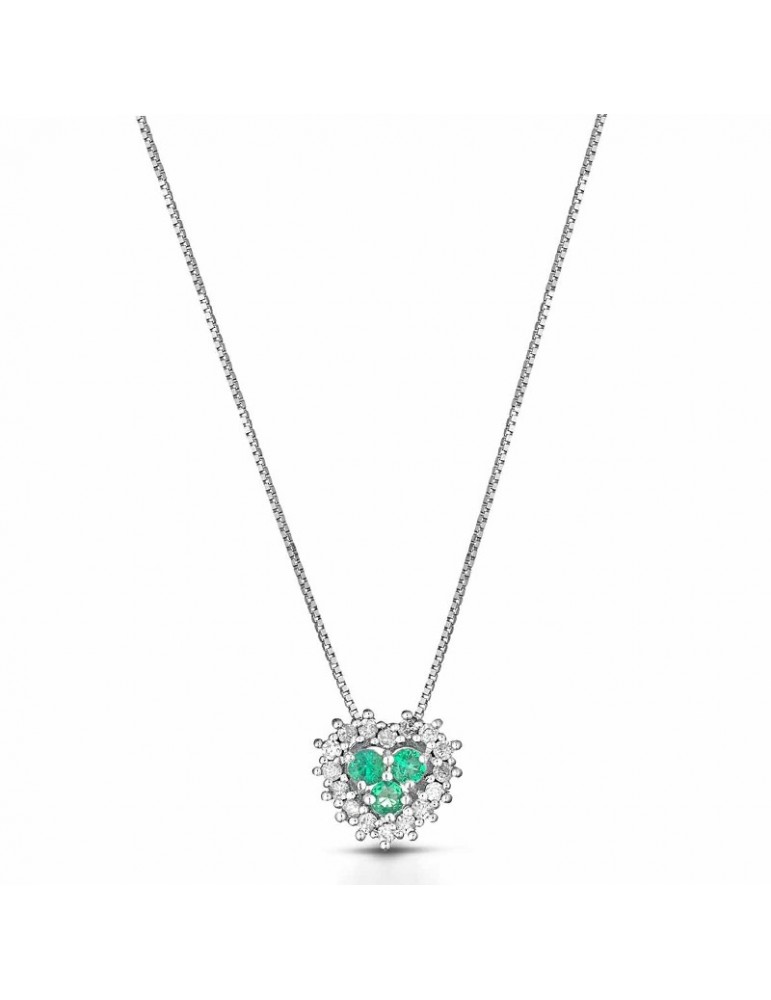 Lelune Diamonds Necklace - in 18k White Gold with Heart in Diamonds and Emerald 0.06 carats - 0