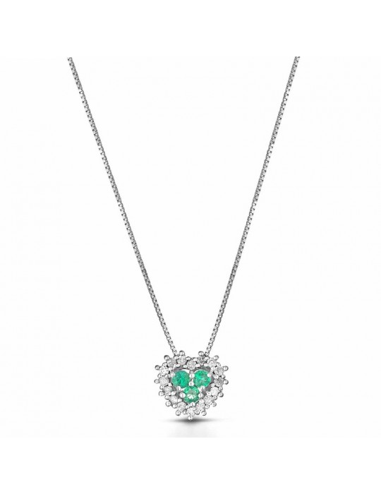 Lelune Diamonds Necklace - in 18k White Gold with Heart in Diamonds and Emerald 0.06 carats - 0