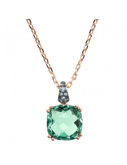 Bronzallure Necklace for Women - Precious Rose Gold Choker with Rolò Chain and Green Prism Gem - 0