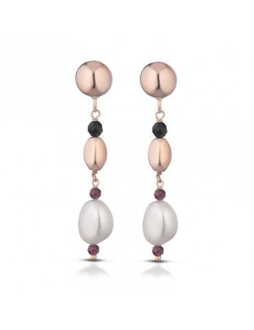 Lelune Glamour Woman's Ruby Earrings with Pearls and Agate - 0