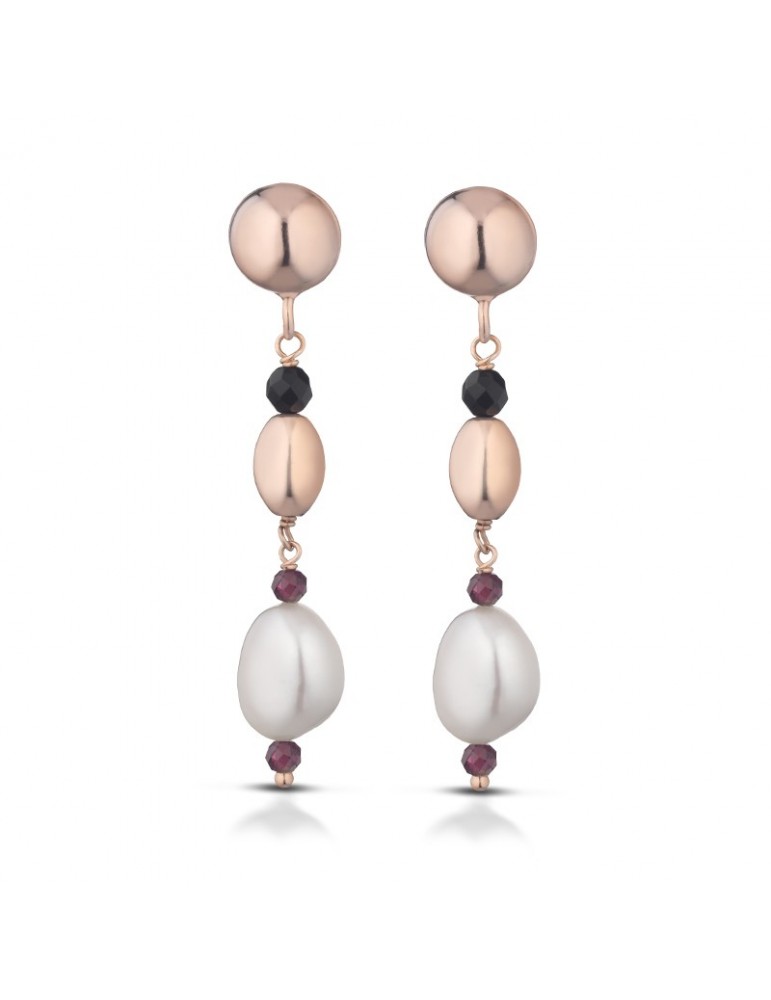 Lelune Glamour Woman's Ruby Earrings with Pearls and Agate - 0
