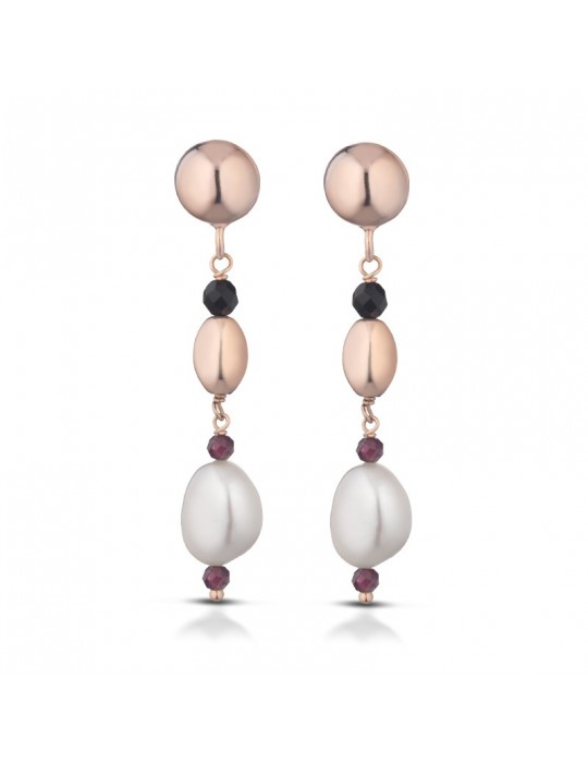 Lelune Glamour Woman's Ruby Earrings with Pearls and Agate - 0