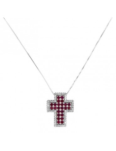 Collana Crivelli Donna - in Oro Bianco con Croce Diamanti e Rubini - 0