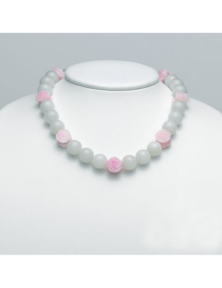 Collana Miluna Quarzo Rosa Fiore Giada Bianca 14mm CLD3539