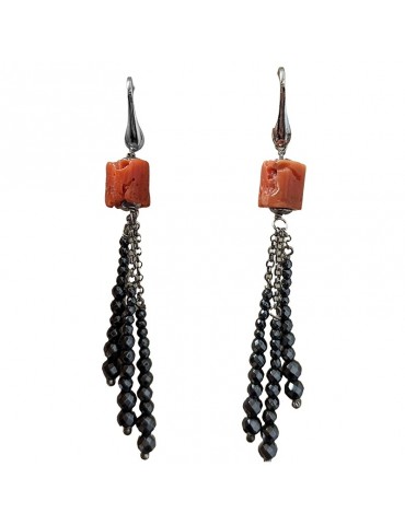 Orecchini Della Rovere - Pendenti -Corallo Rosso-Fili di Ematite-DR143