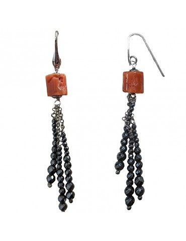 Orecchini Della Rovere - Pendenti -Corallo Rosso-Fili di Ematite-DR143 2