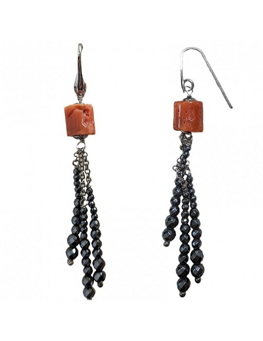 Della Rovere Earrings - Pendants - Red Coral - Hematite Threads - DR143