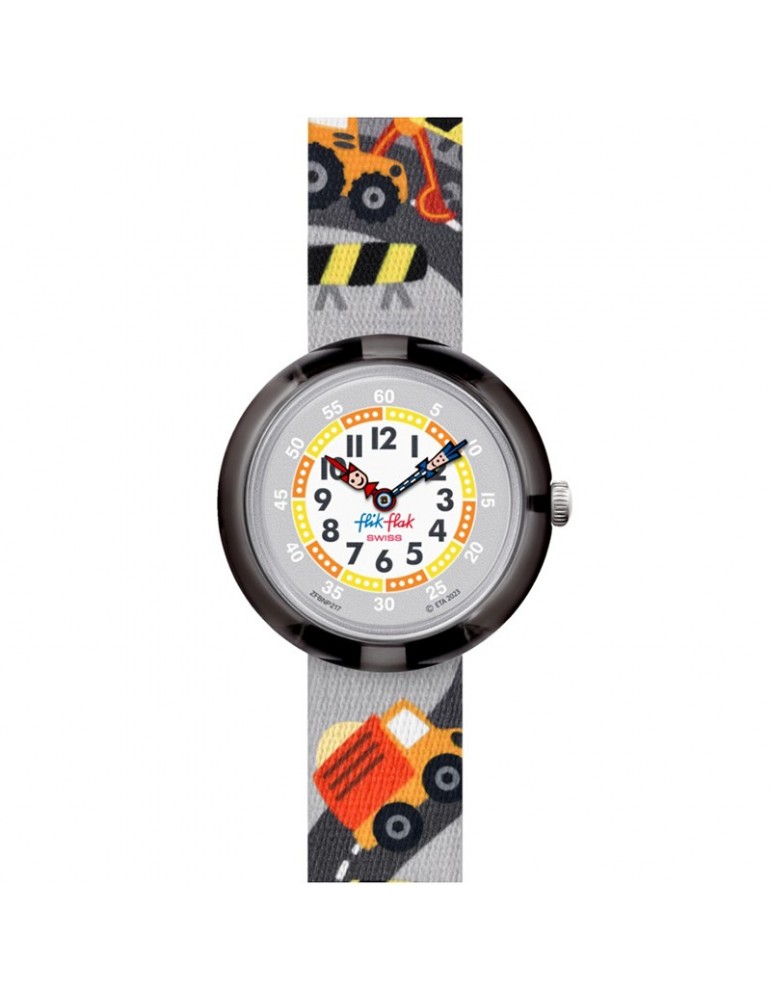 Orologio Flik Flak - Build It Up-32mm-Grigio-Camion-Scavatrici-FBNP217