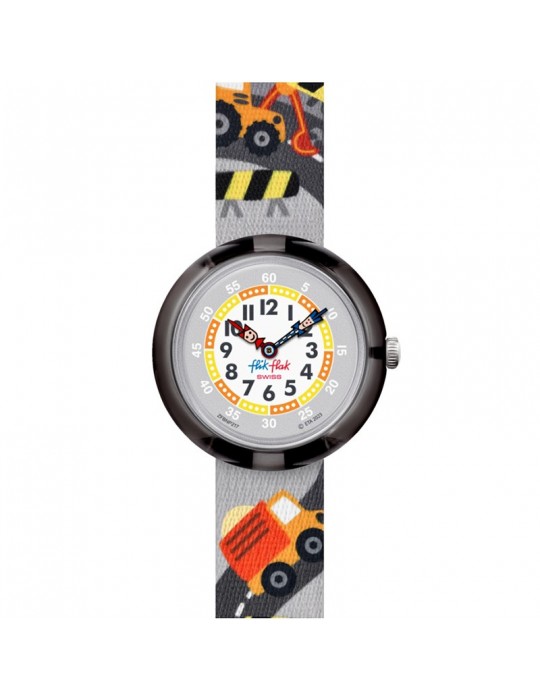 Orologio Flik Flak - Build It Up-32mm-Grigio-Camion-Scavatrici-FBNP217