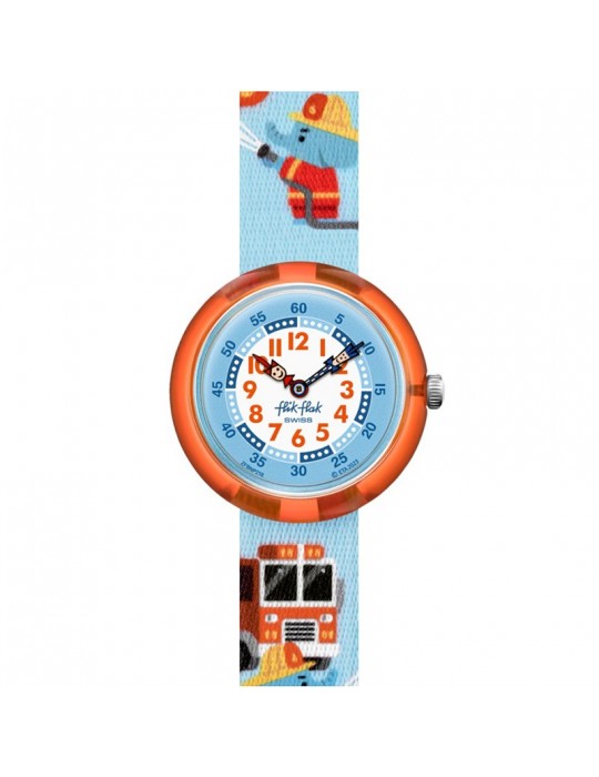 Flik Flak Watch-Fire Stopper-Red-32mm-Blue-Firefighter Elephants-FBNP218