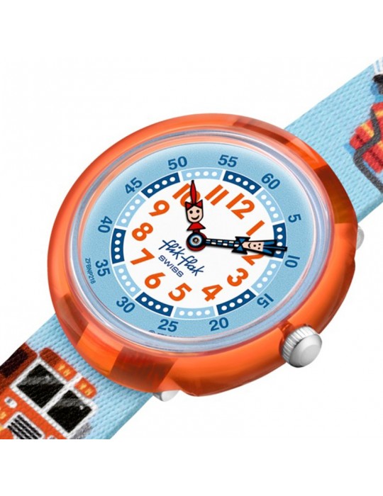 Flik Flak Watch-Fire Stopper-Red-32mm-Blue-Firefighter Elephants-FBNP218