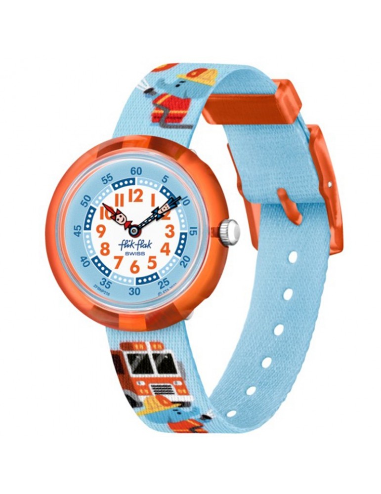 Flik Flak Watch-Fire Stopper-Red-32mm-Blue-Firefighter Elephants-FBNP218