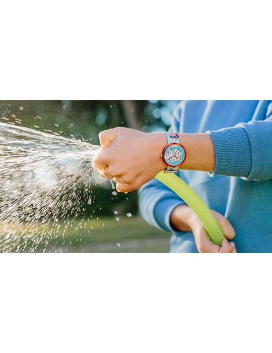 Flik Flak Watch-Fire Stopper-Red-32mm-Blue-Firefighter Elephants-FBNP218