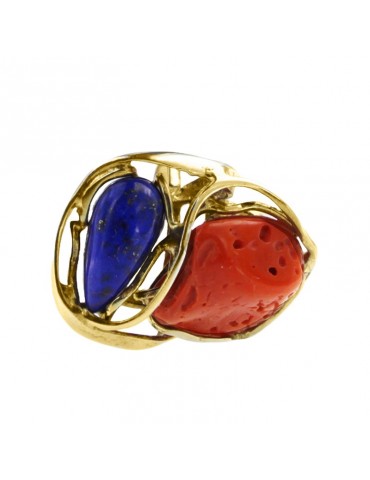 Anello Della Rovere - Argento 925% Dorato-Corallo-Lapislazzuli-ANTOR36 2