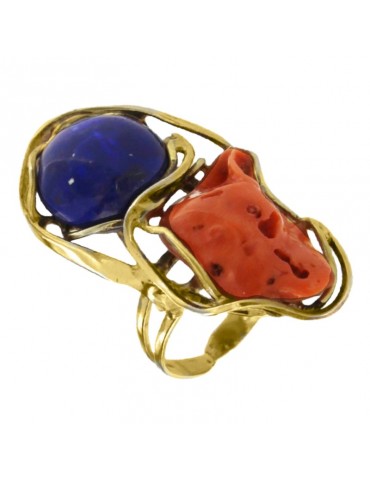 Anello Della Rovere - Argento 925% Dorato-Corallo-Lapislazzuli-ANTOR46