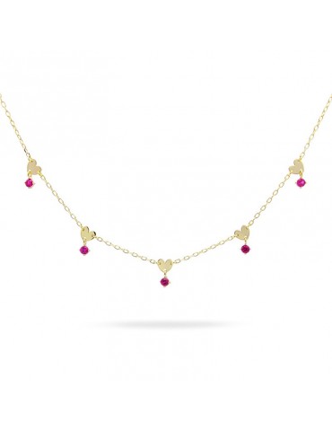 Rue Des Mille Choker for Women - Shapes in 925% Golden Silver with Pendant Hearts and Red Zircons - 0