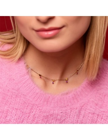 Rue Des Mille Choker for Women - Shapes in 925% Golden Silver with Pendant Hearts and Red Zircons - 0 2