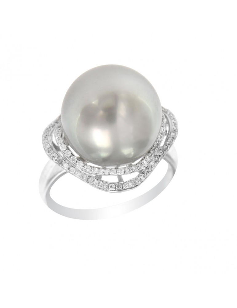 Coscia Ring - in 18k White Gold with Australian Pearl and Natural Diamonds 0.28 ct - 0