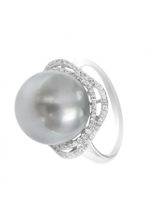 Coscia Ring - in 18k White Gold with Australian Pearl and Natural Diamonds 0.28 ct - 0