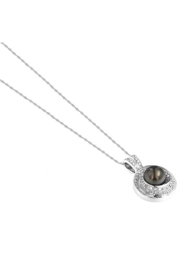 Nimei Necklace - in 18K White Gold with 9-10 mm Tahitian Pearl and Natural Diamonds - 0