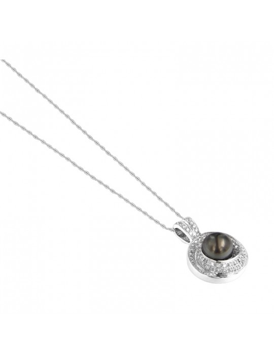 Nimei Necklace - in 18K White Gold with 9-10 mm Tahitian Pearl and Natural Diamonds - 0
