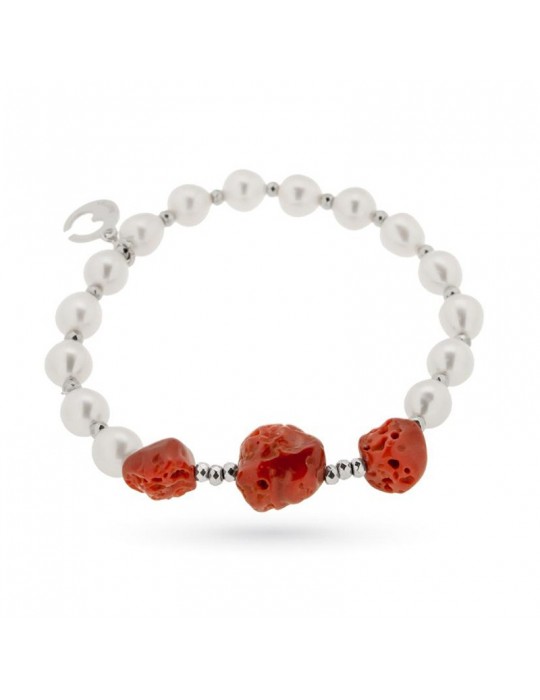 Bracciale Lelune Glamour - Perle Grigie - Corallo -Ematite-LLBRFCOR241