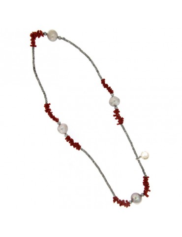 Bracciale Lelune Glamour - Ematite - Perle Grigie -Corallo-LLBRFCOR281