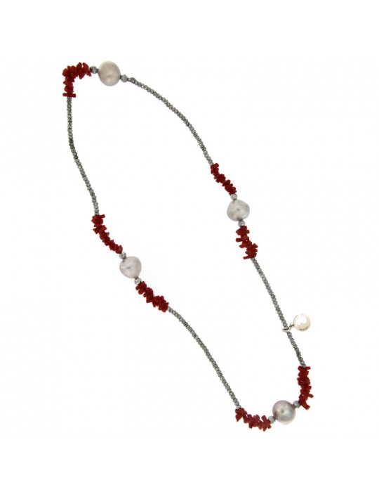 Bracciale Lelune Glamour - Ematite - Perle Grigie -Corallo-LLBRFCOR281