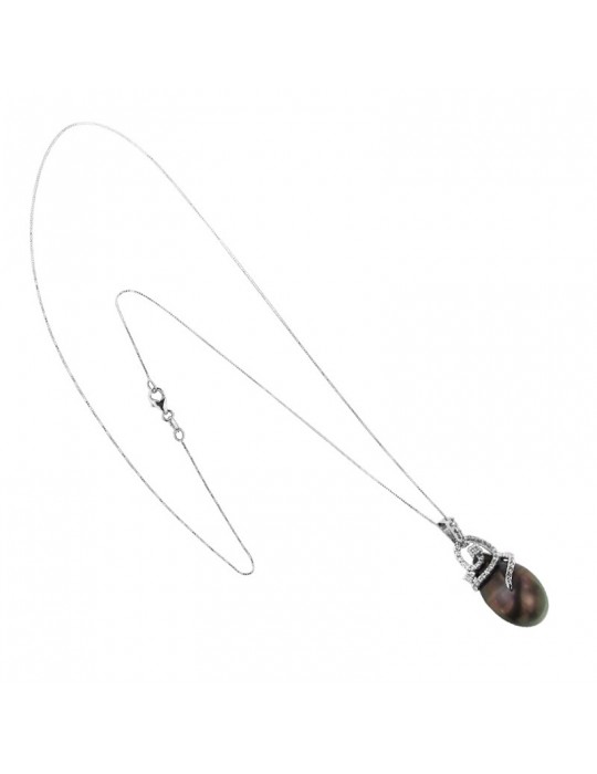 Coscia Necklace - in 18K White Gold with Tahitian Pearl and Natural Diamonds - 0