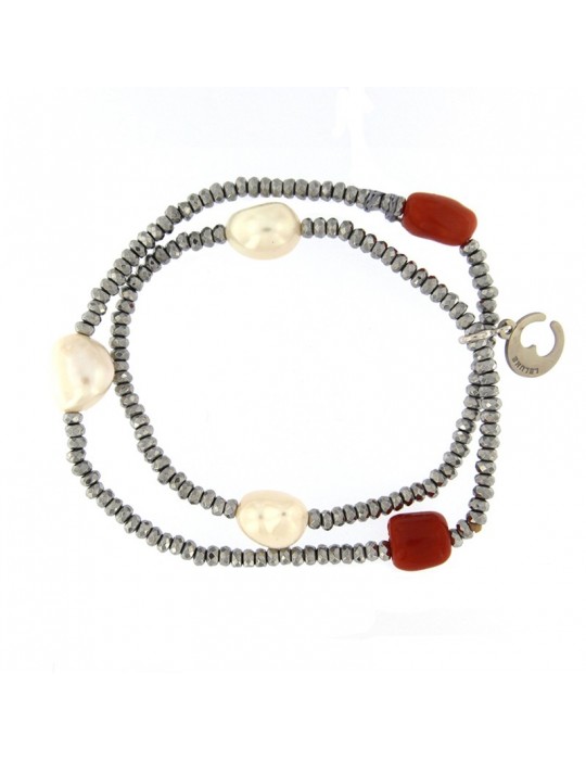 Bracciale Lelune Glamour  -  Perle - Corallo - Ematite - LLBRFCOR331