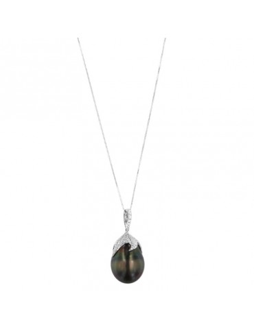 Coscia Necklace - in 18K White Gold with Tahitian Pearl and Natural Diamonds - 0