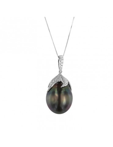 Coscia Necklace - in 18K White Gold with Tahitian Pearl and Natural Diamonds - 0 2