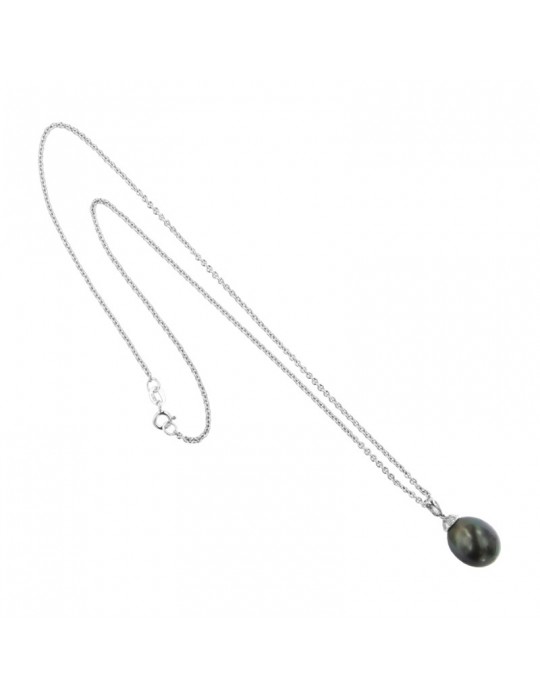 Coscia Necklace - in 18K White Gold with Tahitian Pearl and Natural Diamonds - 0