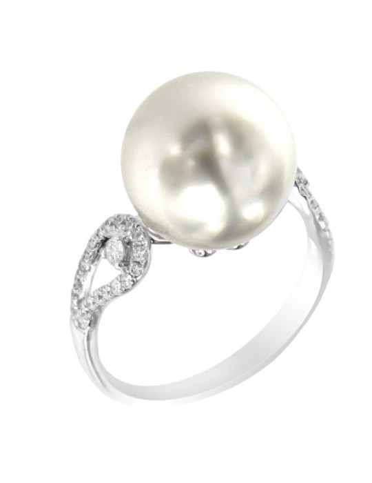 Coscia Ring - in 18K White Gold with Freshwater Pearl and Natural Diamonds 0.28 ct - 0