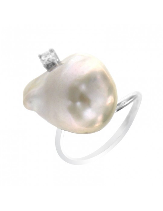 Picca Ring - in 18K White Gold with Baroque Pearl and Natural Diamonds 0.10 ct - 0