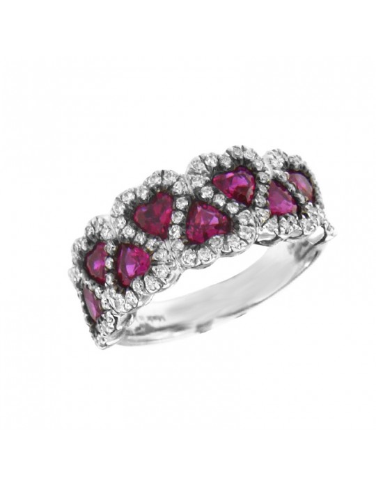 Davite & Delucchi Ring - Hearts in 18k White Gold with Natural Diamonds and Rubies 1.45 ct - 0
