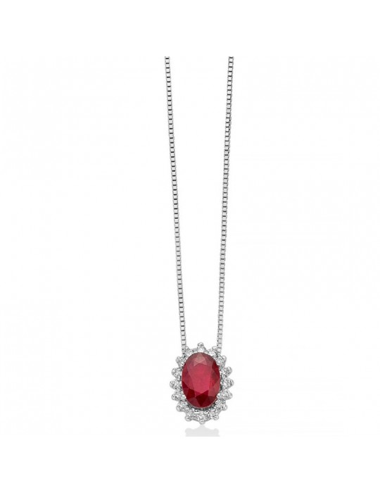 Miluna Women's Necklace - 18K White Gold Rosette with Natural Diamonds and 0.54 ct Ruby - 0