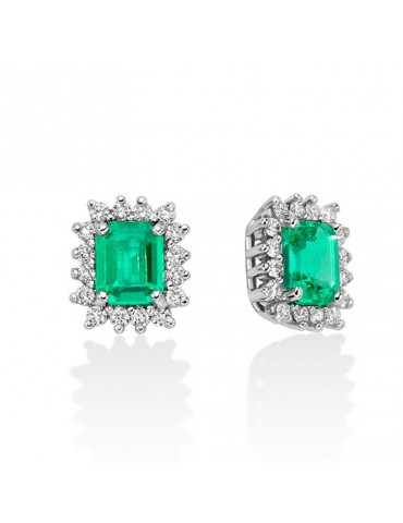 Miluna Earrings - 18k White Gold Rosette with Natural Diamonds and Emeralds 0.80 ct - 0