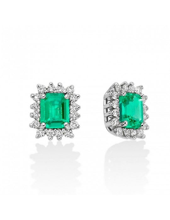 Miluna Earrings - 18k White Gold Rosette with Natural Diamonds and Emeralds 0.80 ct - 0