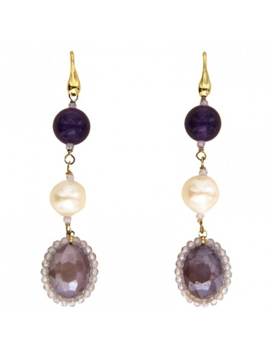 Sikè Earrings for Women - in 925% golden silver with pearls and purple jade - 0