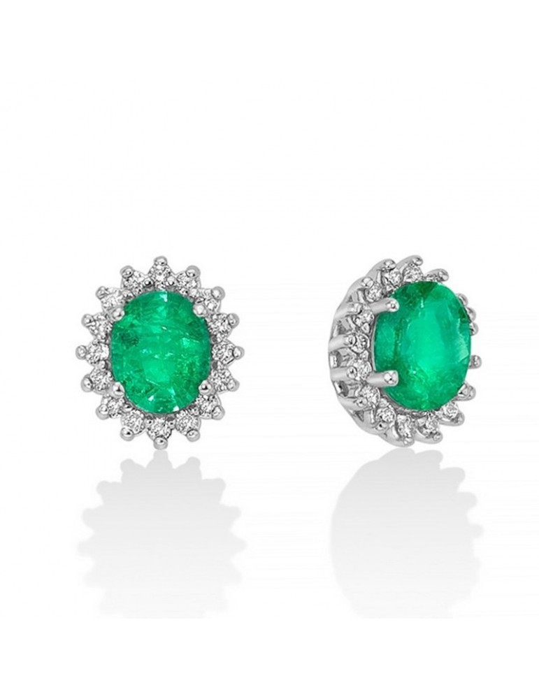 Miluna Earrings - 18k White Gold Rosette with Natural Diamonds and Emeralds 0.64 ct - 0
