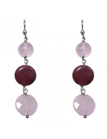 Orecchini Della Rovere-Pendenti-Quarzo Rosa-Legno Fossile Rosso-OROV18