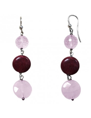 Orecchini Della Rovere-Pendenti-Quarzo Rosa-Legno Fossile Rosso-OROV18 2
