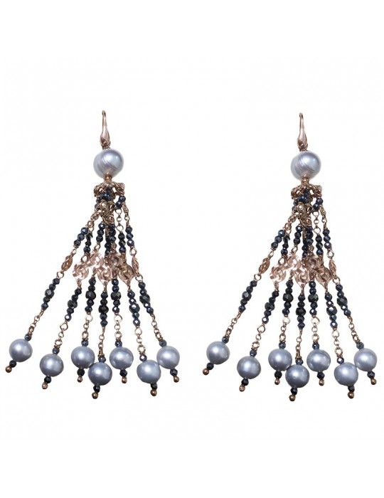 Sikè Earrings - Lobe - Black Zircons - Gray Pearls - ART9571OR