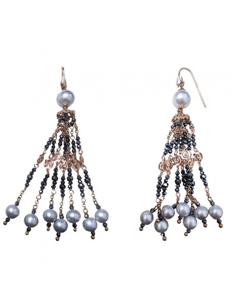 Sikè Earrings - Lobe - Black Zircons - Gray Pearls - ART9571OR