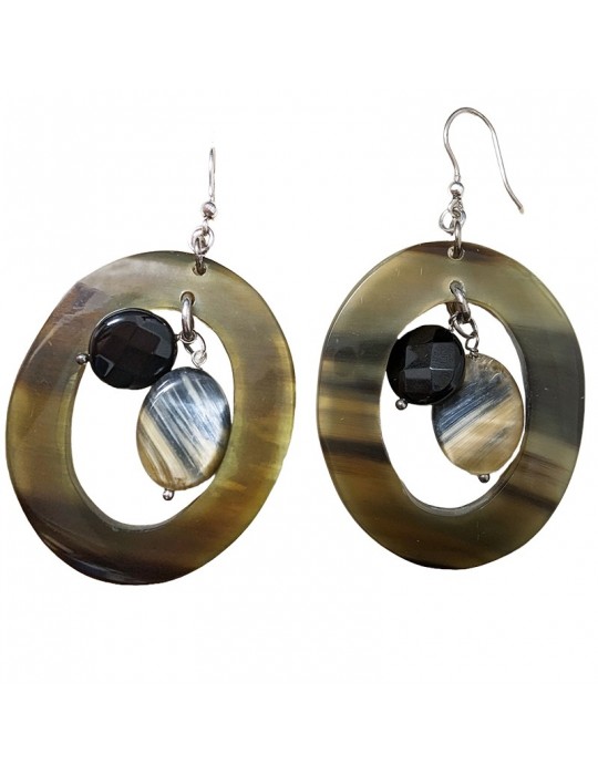 Della Rovere Earrings - Circle Pendants - Bone - Green Agate - Onyx - DLRVXZ1